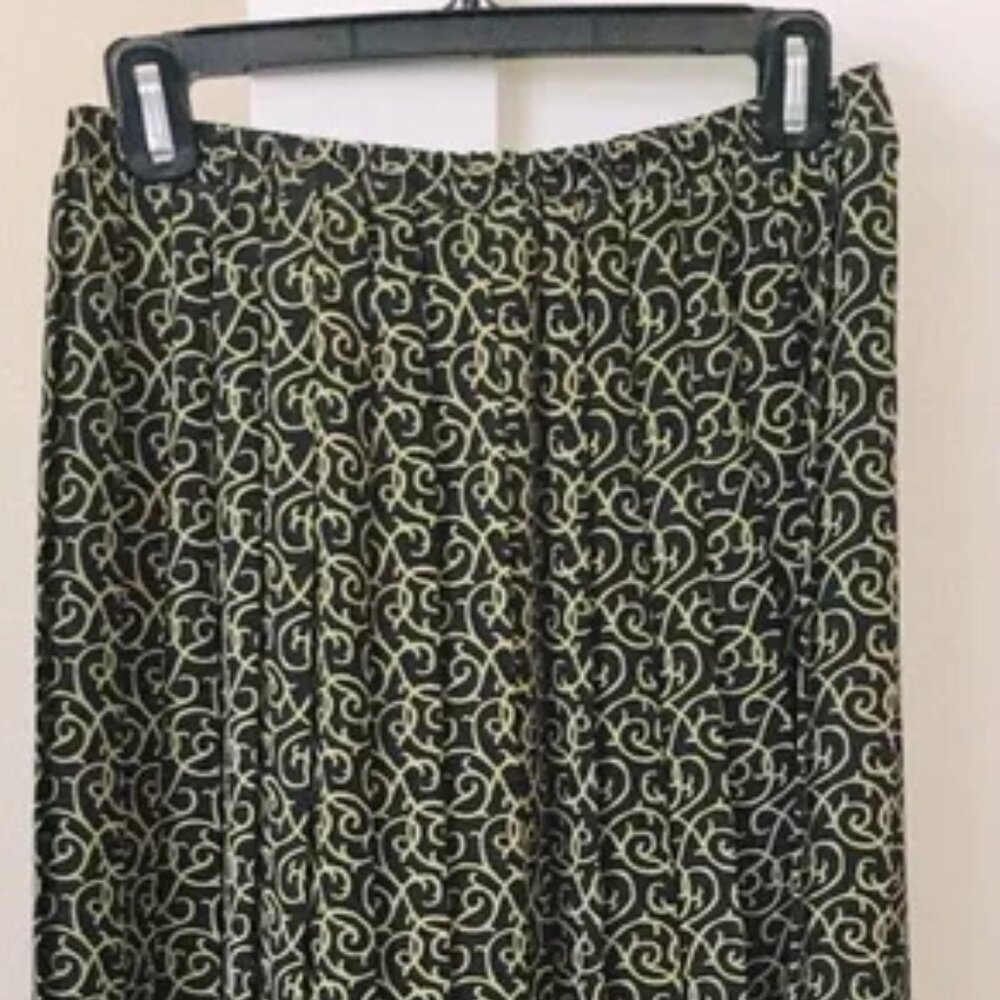 LP Vintage 80s Pleated Midi Skirt Black Gold Scroll Design